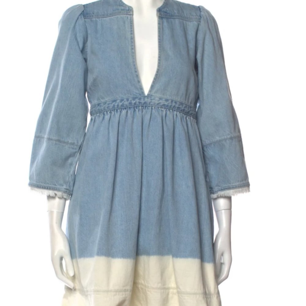Ulla Johnson Alina deep V neck mini denim dress light blue white size 0